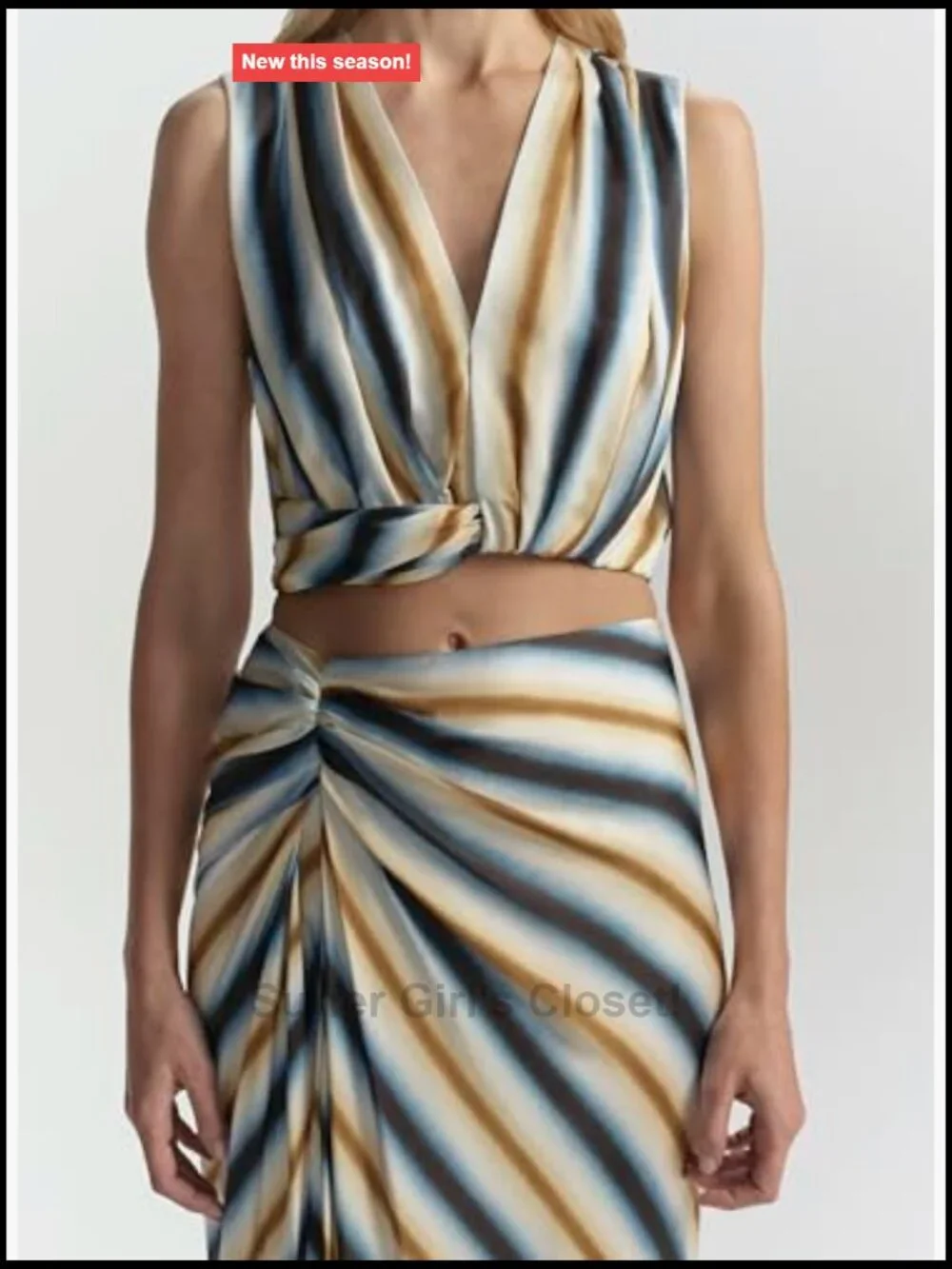 Cropped Sleeveless V-Neck Twisted Front Stripe Viscose Satin Tank Top